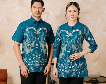 Conjunto de batik para pareja Aria Turquoise - Batik indonesio con detalles en lámina dorada - Camisa ajustada para hombre y chaqueta para mujer con forro de tricot - Lujo