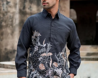 Men's Auriga Black Batik Shirt - Premium Textured Dobby Cotton Lined Long Sleeve - Luxury Indonesian Black Gold Batik for Wedding & Formal