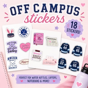 May include: A collection of 18 hockey-themed stickers on three white sheets. Designs include jerseys with numbers 44, 46, 22, 66, a hockey puck with bunny ears, a pink book titled Hockey Romance, a newspaper, and text reading Briar University Hockey.