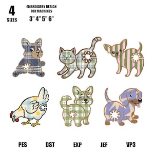 May include: An embroidery design for machines featuring six animal designs: a dog, cat, chihuahua, chicken, dog, and dachshund. The designs are in various colors and patterns, including plaid and stripes. The text reads "4 SIZES" and "EMBROIDERY DESIGN FOR MACHINES 3" 4" 5" 6""