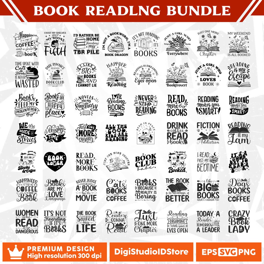 Book Lover SVG Bundle – 50 Reading Quotes & Bookish Designs, Librarian ...