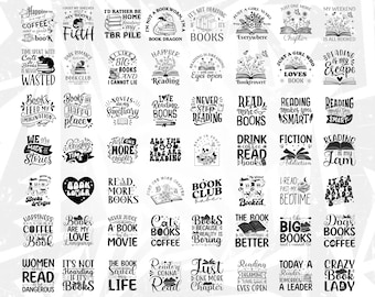 Book Lover SVG Bundle – 50 Reading Quotes & Bookish Designs, Librarian and Book Worm SVG, Floral Book PNG Eps, Cricut Silhouette Files.