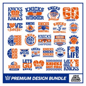 Pu&ograve; includere: Una collezione di design a tema basket in blu e arancione, con la parola "Knicks" in vari stili. I design includono palloni da basket, canestri e frasi come "Winner", "Champions" e "For Life". &Egrave; presente anche il testo "Premium Design Bundle".