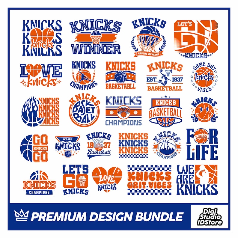 Pu&ograve; includere: Una collezione di design a tema basket in blu e arancione, con la parola "Knicks" in vari stili. I design includono palloni da basket, canestri e frasi come "Winner", "Champions" e "For Life". &Egrave; presente anche il testo "Premium Design Bundle".