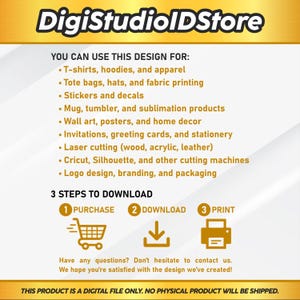 Pu&ograve; includere: Annuncio di un prodotto di design digitale da "DigiStudioIDStore". L'immagine elenca gli usi del design, come abbigliamento, adesivi e decorazioni per la casa. Dettaglia anche un processo di download in 3 fasi.