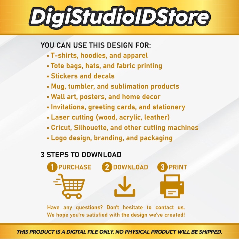 Pu&ograve; includere: Annuncio di un prodotto di design digitale da "DigiStudioIDStore". L'immagine elenca gli usi del design, come abbigliamento, adesivi e decorazioni per la casa. Dettaglia anche un processo di download in 3 fasi.