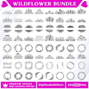 Könnte beinhalten: Eine schwarz-weiße digitale Illustration mit dem Titel "WILDFLOWER BUNDLE", die verschiedene florale Designs zeigt. Das Bild enthält florale Bordüren, Kränze und einzelne Blumenelemente, ideal für digitale Designprojekte. Der Text "PREMIUM DESIGN High resolution 300 dpi" ist ebenfalls enthalten.