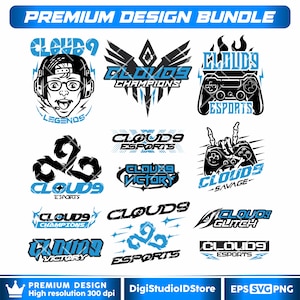 May include: A collection of black and blue esports-themed designs. The designs include logos with the text "Clouds9", "Champions", "Esports", "Victory", and "Glitch". Some designs feature a gamer with headphones and a controller.