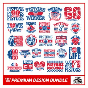 Puede incluir: Una colección de diseños de baloncesto de los Detroit Pistons en rojo, blanco y azul. Los diseños incluyen balones de baloncesto, aros y texto como "Pistons", "Champions" y "For Life". También se ve el texto "Premium Design Bundle".