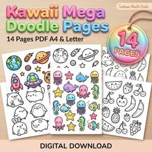 Puede incluir: Descarga digital de Kawaii Mega Doodle Pages. La imagen muestra tres hojas de páginas de garabatos lindos y coloridos con temas como el espacio, criaturas marinas y frutas. El texto dice "14 Pages PDF A4 & Letter". Una etiqueta circular dice "14 PAGES".
