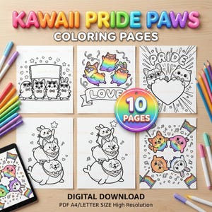 May include: A collection of "Kawaii Pride Paws" coloring pages. The pages feature adorable cartoon animals, including corgis, cats, and bunnies, in various poses. The text "KAWAII PRIDE PAWS COLORING PAGES" is at the top. The image includes colored pencils and markers.