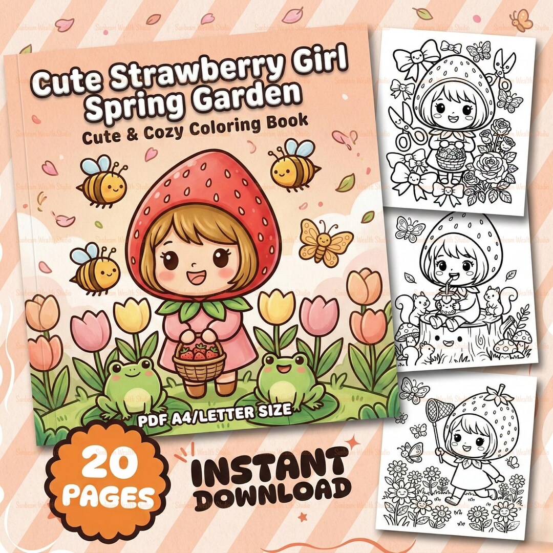 Strawberry Girl Spring Garden Coloring Pages, Kawaii Nature Line Art ...