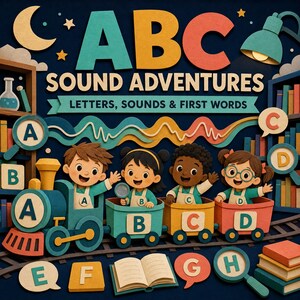 May include: A colorful educational illustration titled ABC SOUND ADVENTURES LETTERS, SOUNDS & FIRST WORDS. It features four children in a train with letters A, B, C, and D, surrounded by books, a lamp, a moon, and floating letter icons E, F, G, and H.