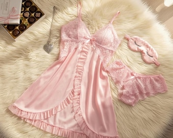 Pink Lace Lingerie Set | Ruffle Trim Sleepwear