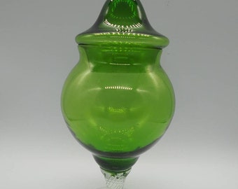 Vintage MCM Empoli Green Glass Pedestal Lidded Apothecary Jar Compote Candy Dish