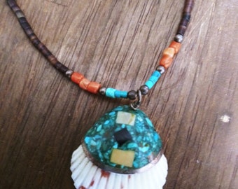 Vintage Native American heshi and turquoise necklace signed 16 inches