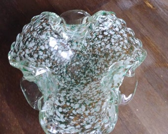 Vintage Murano Glass Ashtray Bowl Green Confetti With Controlled Bubbles