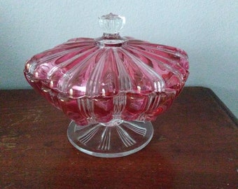 Vintage Fire King Anchor Hawking Cranberry & Clear Candy Dish with Lid