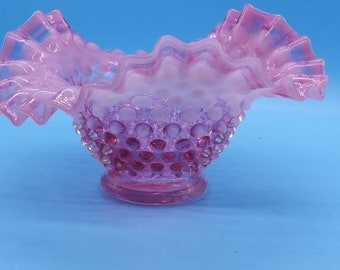 Vintage FENTON Opalescent Cranberry Ruffeled Ribbon Hobnail Glass Bowl Mint
