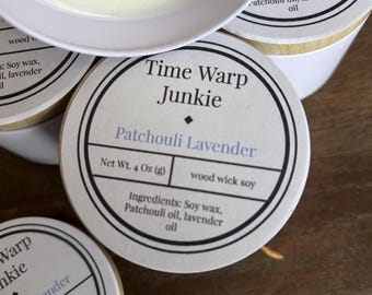 Patchouli  Lavender Soy Candle  4 oz Wood Wick