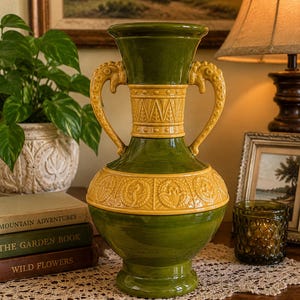 May include: A ceramic vase featuring a glossy olive green finish with contrasting mustard yellow bands. The vase has two ornate handles, a flared rim, and a wide base. The yellow sections are decorated with embossed patterns and sea creatures.