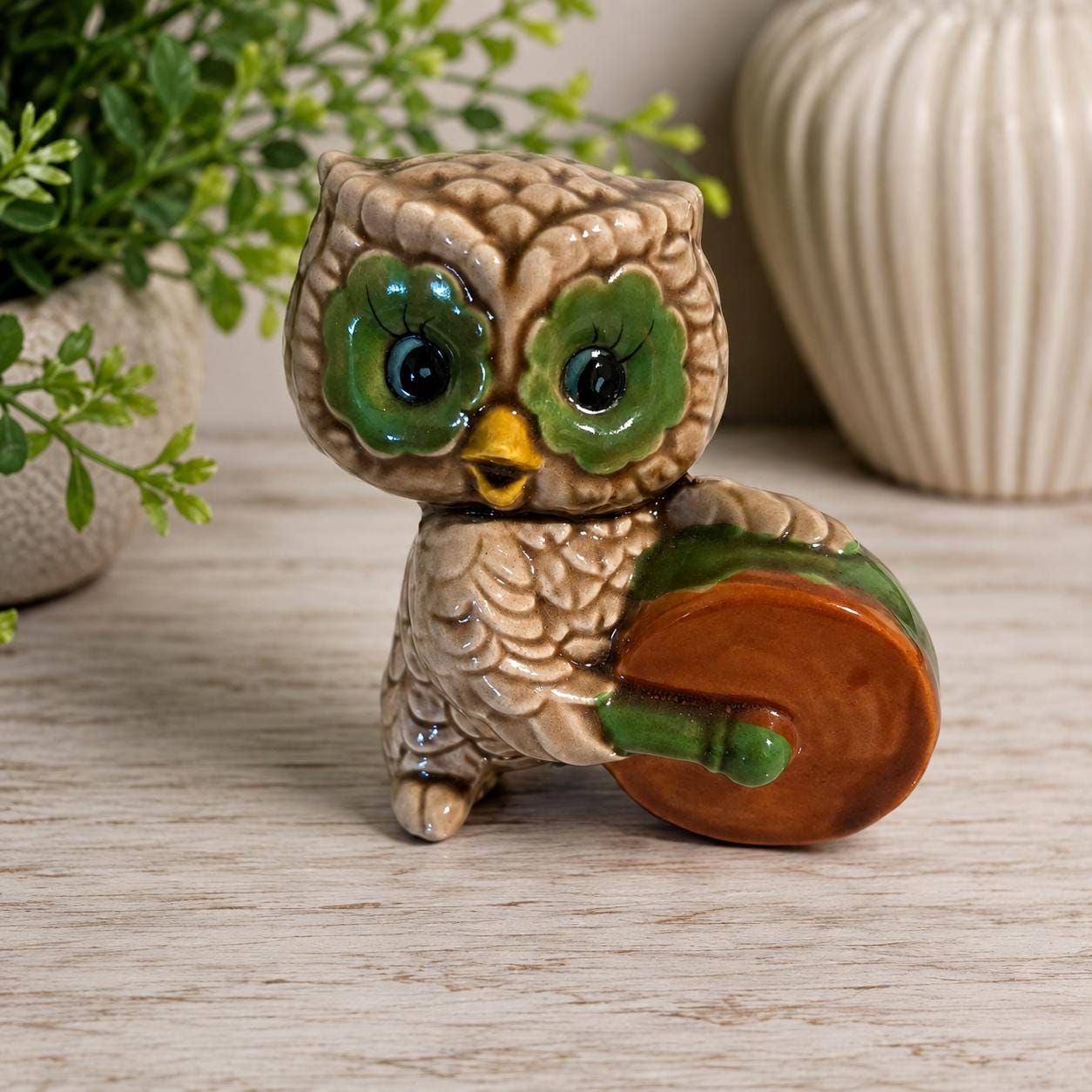Vintage Made in Japan Ceramic Owl Drummer Figurine Green Brown Mid Century