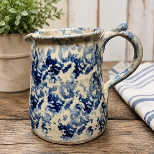 Vintage Carol Sue Studio Pottery Blue Spongeware Creamer Pitcher Barry Ill. Signed