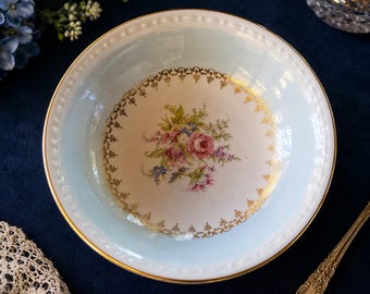 Juego de 6 cuencos vintage Homer Laughlin color blanco hueso estilo georgiano para bayas / Cuencos de postre florales azules y dorados / Hecho en EE. UU. China estilo cottage chic