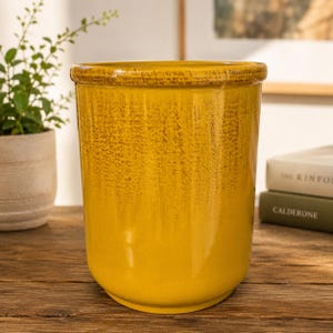 Vintage Yellow Italian Terracotta Crock - Rustic Glazed Ceramic Utensil Holder, Vase, Plant Cachepot. Made in Italy 1990s
