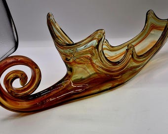 Vintage 17" Sooner Art Glass Cornucopia Console Bowl - Amber Brown Swirl - MCM Hand-Blown Centerpiece