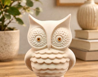 Signed Helen Owl Figurine, Bisque Porcelain, Mid Century Modern Decor, Glass Eyes