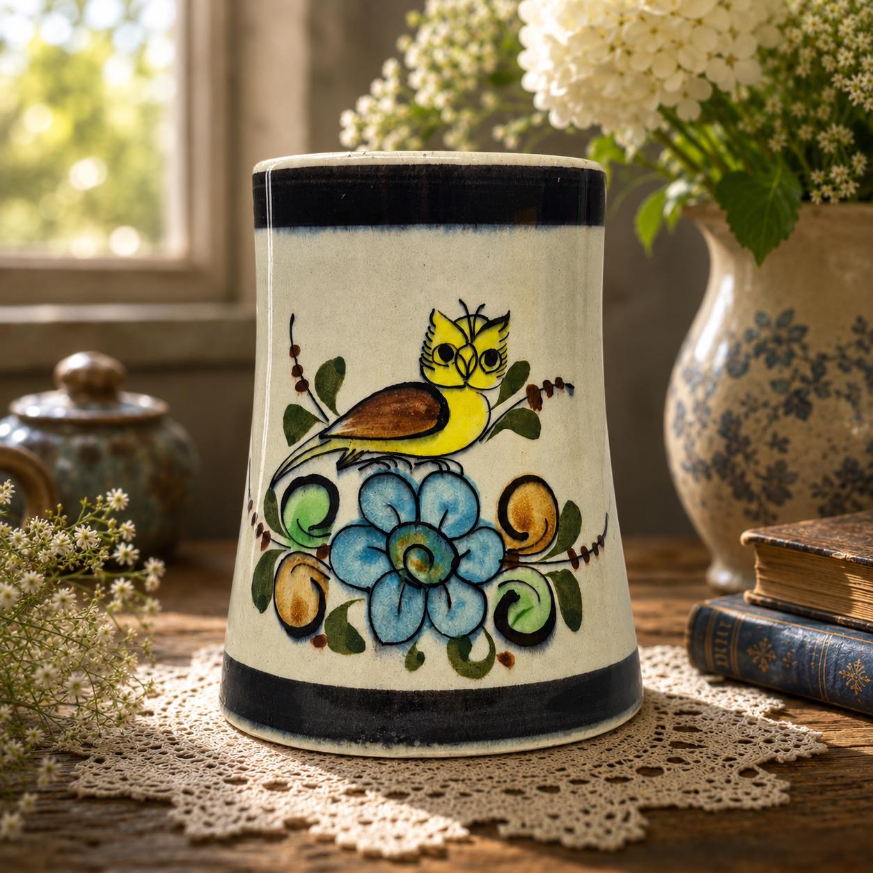 Vintage Tonalá Mexican Pottery Owl Mug | Hand Painted Folk Art Tankard | Jalisco Burnished Ce