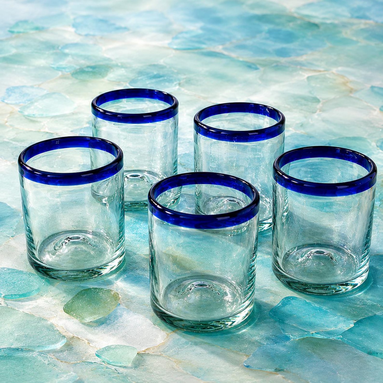 Vintage Cobalt Blue Rim Rocks Glasses Set of 5, Hand Blown Mexican Style Tumblers, Coastal Barware, Sea Glass Decor