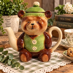 Puede incluir: Una tetera de cerámica con forma de oso marrón que lleva un chaleco verde con dos botones blancos y un gorro verde a juego con un pompón. El oso tiene un pico y un asa de color crema, con un acabado brillante y una expresión facial sonriente.