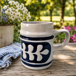May include: A ceramic beer mug featuring a light gray upper section and a dark blue lower section with a white embossed leaf pattern. The mug has a sturdy handle on the right side and a smooth, glazed finish throughout its cylindrical body.