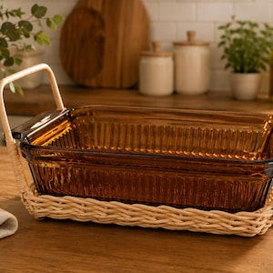 May include: A rectangular amber-colored glass baking dish with vertical ribbed sides, set inside a light-colored woven wicker basket carrier that features two integrated handles on the sides for easy lifting and transport of the dish.