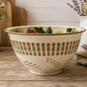 May include: Cream-colored ceramic mixing bowl with a decorative rim featuring painted sunflowers, strawberries, and leaves. The bowl has vertical and dotted cut-out designs, perfect for kitchen use.