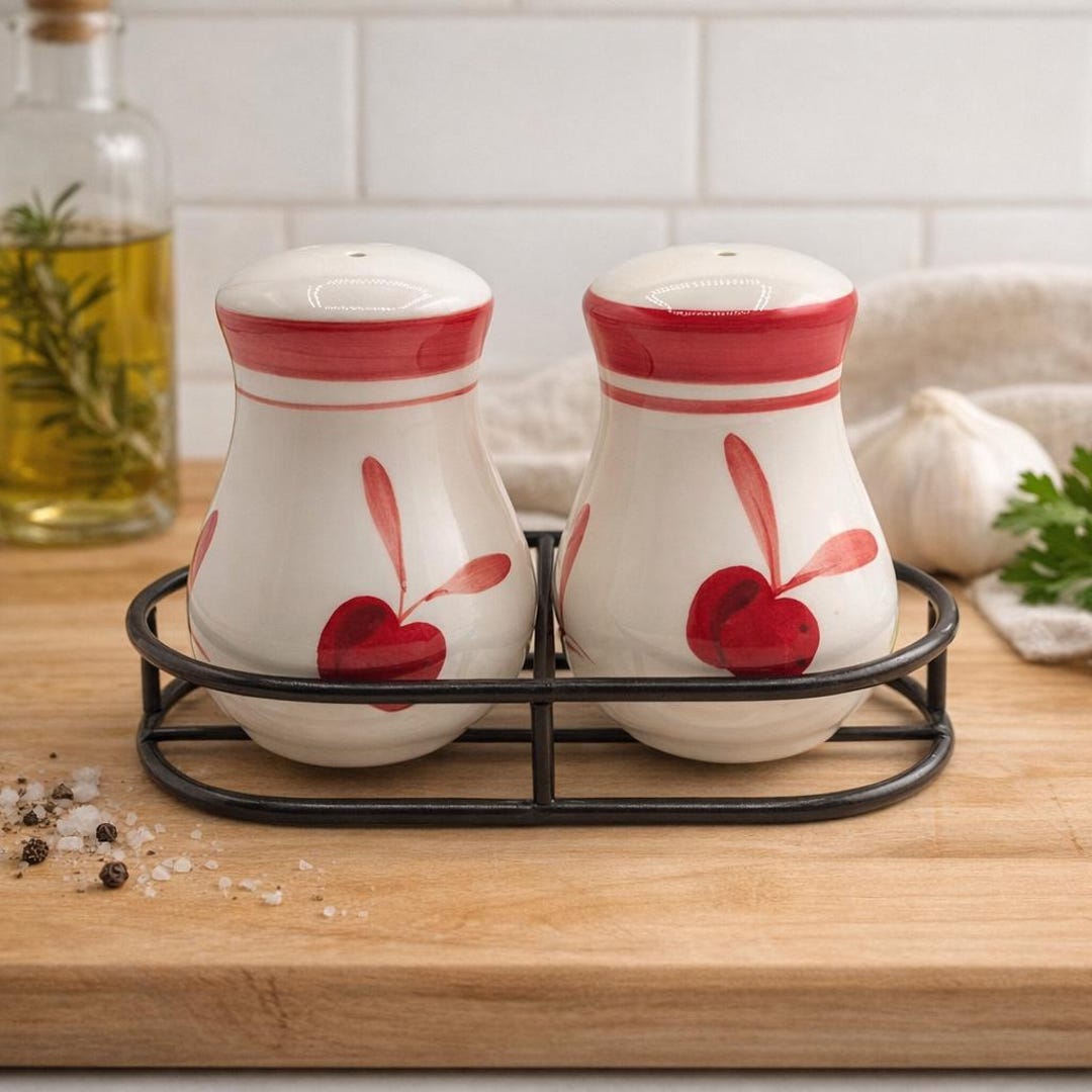 Dnsk Rmed Dansk Red Berry Ceramic Salt Pepper Shakers With Black Metal Caddy ...