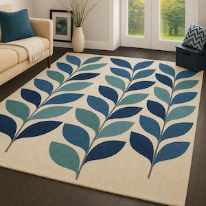 Hand Tufted Floral Mandala Rug, Teal Gold Bohemian Botanical Carpet