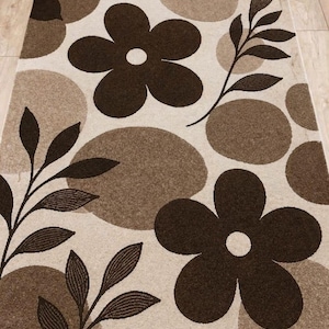 Mid Century Modern Floral Rug, Brown Cream Botanical Area Carpet, Daisy Leaf Pattern Decor