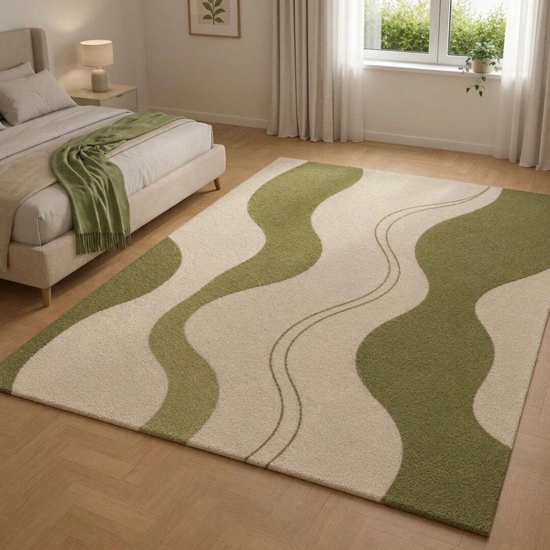 Mid-century Modern Wavy Area Rug – Olive Green Cream Abstract Carpet - Etsy
