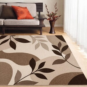 Modern Botanical Leaves Area Rug, Abstract Earth Tone Floor Decor