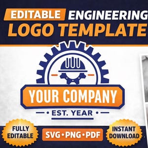 May include: An engineering logo template with a gear and hard hat design. The logo is displayed on various items, including a hard hat, shirt, and business card. The text includes "YOUR COMPANY" and "EST. YEAR."