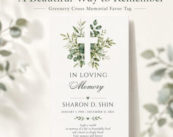 Greenery Cross Funeral Favor Tag | In Loving Memory Memorial Candle Tag | Christian Funeral Keepsake | Celebration of Life Printable