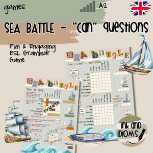 Peut inclure: Jeu éducatif intitulé "Sea Battle - 'Can' Questions" sur le thème nautique. Le jeu comprend des instructions, des grilles d'exemples et des illustrations de voiliers et de vagues. Le texte "Fun & Engaging ESL Grammar Game" est également visible.