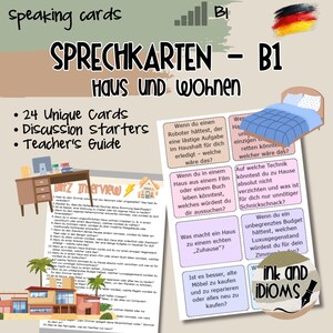 May include: Speaking cards for German language learners. The cards are titled "Sprechkarten - B1 Haus und Wohnen" and include 24 unique cards, discussion starters, and a teacher's guide. The image features illustrations of a bed, desk, and house.