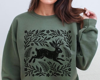 Jackalope cottagecore sweatshirt, Fantasy animal linocut shirt, Cryptid block print long sleeved