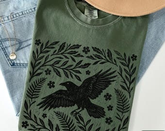 Raven shirt, Comfort Colors cottage core shirt, Dark academia linocut style t-shirt