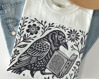 Cottagecore Book Themed Shirt, Comfort Colors Tee for Readers, Linocut Reading Crow t-shirt
