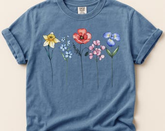 Comfort Colors Botanical Floral Shirt, Boho Cottage core Shirt, Pressed Flowers Tee, Gift for Gardener, Colorful Minimalist t-shirt for mom